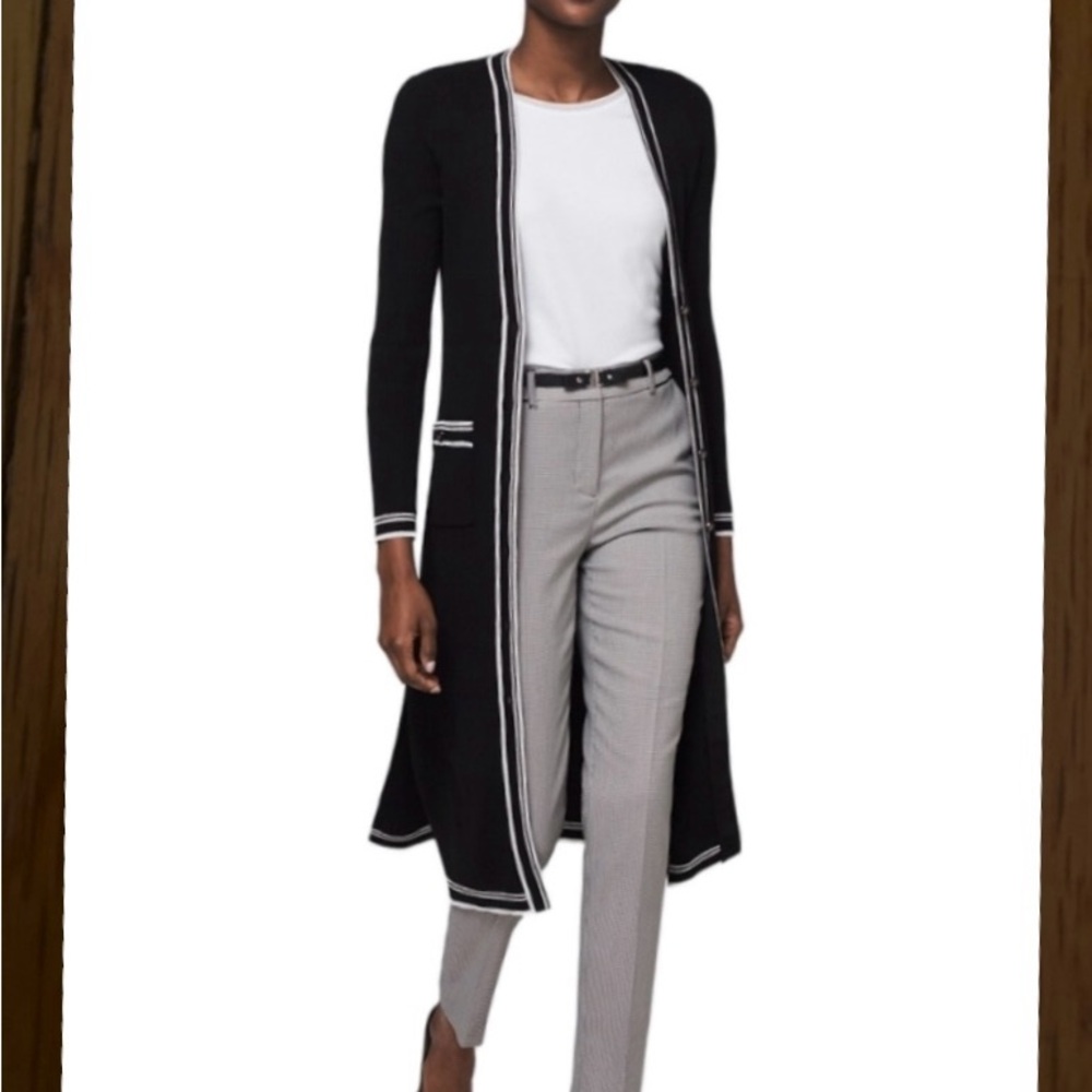 Elegant Black Duster Cardigan with Metallic Trim